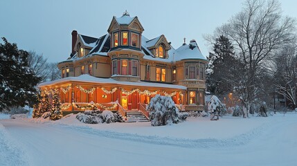 Victorian house, Christmas lights, snowy landscape, winter evening, holiday card