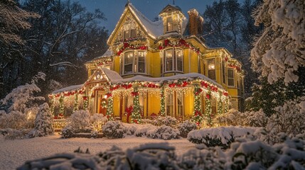 Ornate house decorated for winter holidays, snowy night