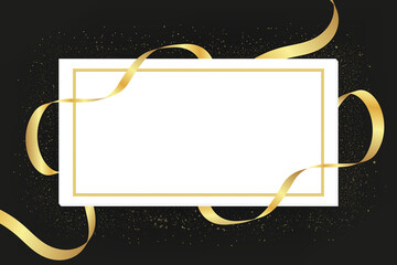 Elegant black background with white rectangular frame with glitter around and gold ribbons is perfect for luxurious invitations or certificates.