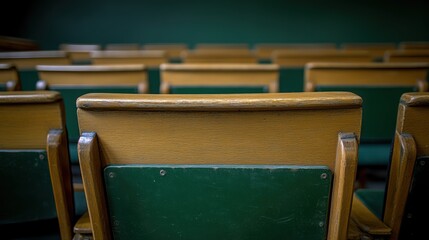 Empty wooden chairs in a hall, dark green background, waiting for audience, event photography
