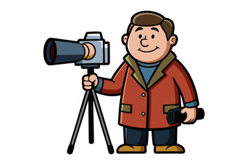 Friendly cartoon photographer with a professional camera on a tripod and a spare lens in hand ready to capture memories