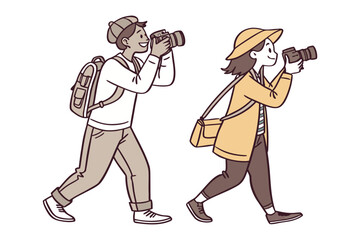 Two diverse individuals one with a backpack and beanie the other with a hat and shoulder bag are captured in a charming illustration while actively taking photographs