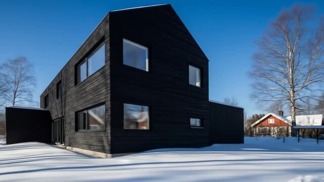 Timber facade architecture of black modern house with vertical wooden slats and pitched roof design