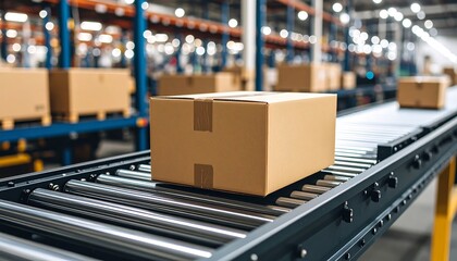 Cardboard box on conveyor belt in warehouse