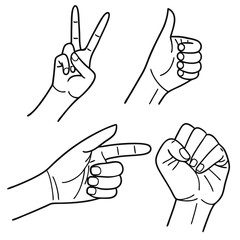 Hand gesture icon set showing various finger signs and hand positions in vector illustration style