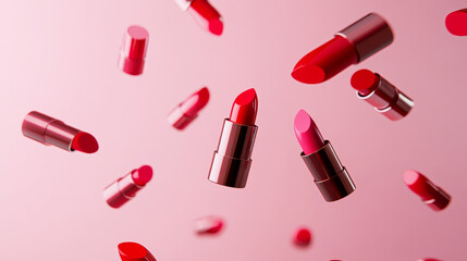 Red lipsticks floating against a pink background.

