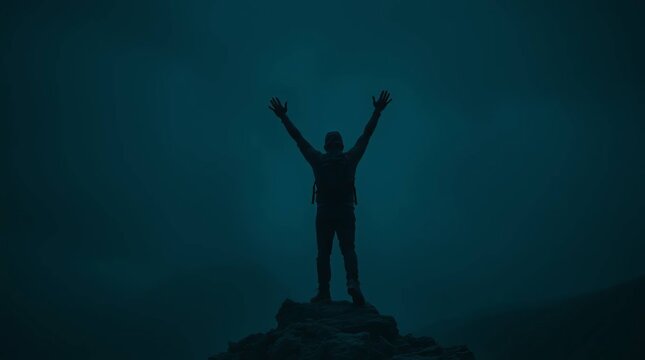 Embracing the Summit: A silhouette of a solitary figure celebrates triumph atop a mountain peak, hands raised towards the heavens, with a feeling of empowerment.
