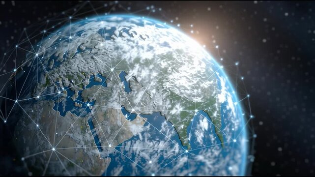 Connected World: An eye-level view of Earth, interconnected by a network of glowing lines and dots, symbolizes global connectivity and communication against a dark, starlit backdrop.