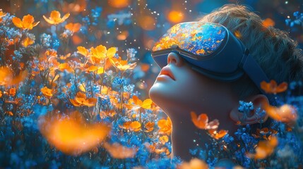 Boy in VR headset, exploring virtual flowers, meadow background, future tech