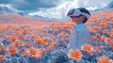 Boy in VR headset exploring surreal orange poppy field