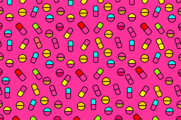 Colorful piils or medicines pattern background. Seamless pattern of medical icons. Piil icons illustration. Medicine icons illustration. Capsule piil icons illustration. Pharmacy symbols illustration.