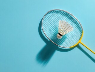 badminton racket and shuttlecock lying on a clean pastel-colored background 