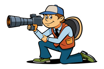 Cartoon photographer kneeling with large camera capturing a moment with professionalism and enthusiasm