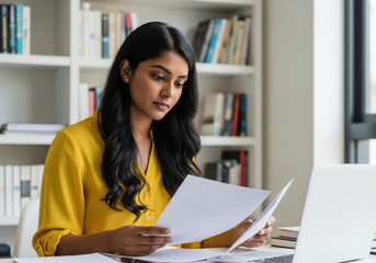 Focused Young  Businesswoman Reviewing Documents at Office Desk