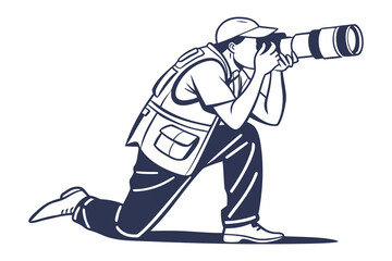 Skilled photographer kneeling down to capture a perfect shot with a large telephoto lens