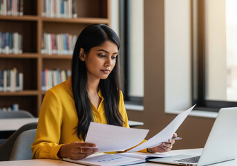 Focused Young  Businesswoman Reviewing Documents at Office Desk