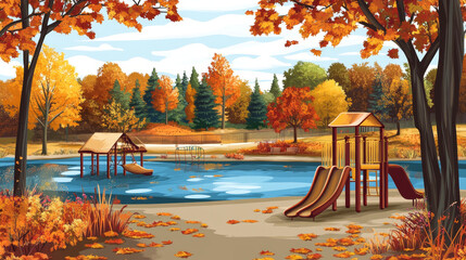 Vector illustration of an autumn landscape with a playground in a public park.
