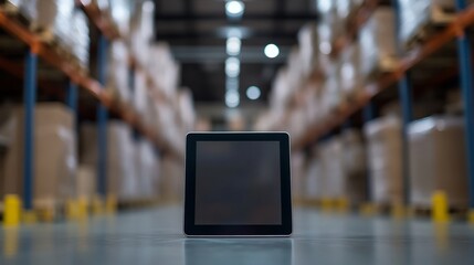 Modern digital tablet device on table in large industrial warehouse with blurred background, showcasing technology integration for inventory management, logistics operations, and smart supply chain so