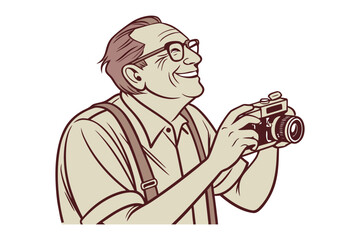 Joyful elderly gentleman with vintage camera capturing a moment with a warm smile and spectacles