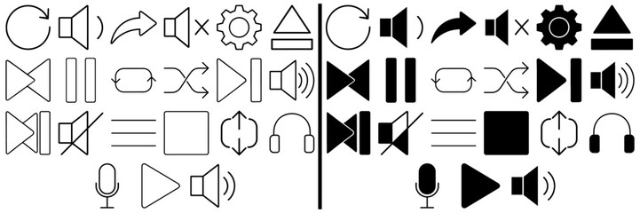 Fototapeta premium Audio control: Set of graphic icons for audio and music controls. With symbols for volume, mute, play, stop, forward, backward, settings, and more.