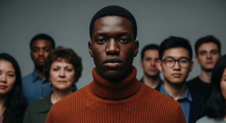 Close-up of young man, brown turtleneck sweater, diverse group blurred background, showcasing unity and inclusion