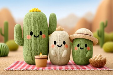 Knitted cactus family enjoying picnic in desert landscape
