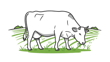 Obraz premium White dairy cow grazing peacefully in green pasture, a symbol of farm life and fresh milk