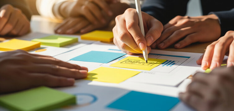 Close-up of hands sketching app design on sticky notes during teamwork session, showcasing collaborative planning and UI/UX development process
