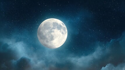 Obraz premium Full moon glowing in night sky with stars serene atmosphere soft light peaceful and calm celestial background scene
