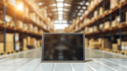 Modern digital tablet device on table in large industrial warehouse with blurred background, showcasing technology integration for inventory management, logistics operations, and smart supply chain so