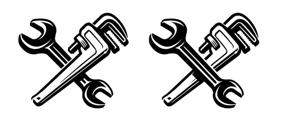Crossed working tools. Spanner and adjustable wrench symbol. Workshop, service work, repair emblem