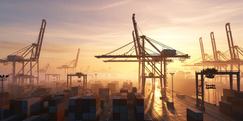 Obraz premium Double exposure of Container Cargo freight ship with working crane bridge and import export background.