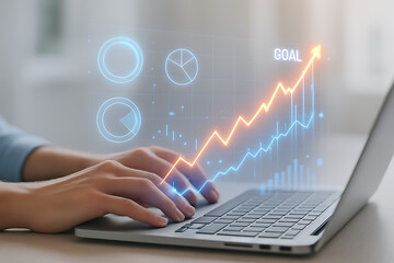 Business hand typing with growth chart interface showing financial data performance boost strategy and futuristic analytics dashboard on laptop for investment digital goal concept success