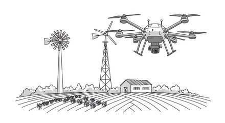 Obraz premium A drone flies over a field with windmills and a barn