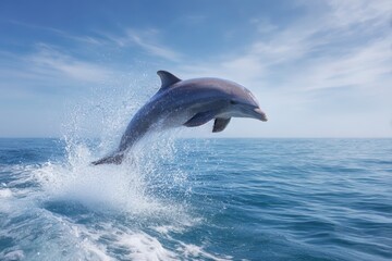 Fototapeta premium Playful dolphins jumping over breaking waves. Hawaii Pacific Ocean wildlife scenery. Marine animals in natural habitat. 