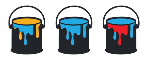 Three paint cans with dripping primary colors, perfect for depicting art, decoration, and home improvement projects.