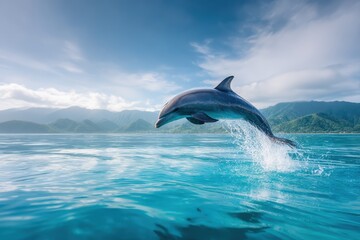 Fototapeta premium Playful dolphins jumping over breaking waves. Hawaii Pacific Ocean wildlife scenery. Marine animals in natural habitat. 