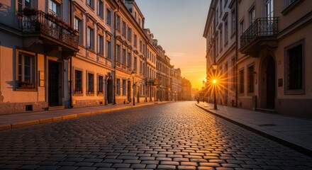 Sunrise on a cobblestone street, lined with historic buildings
