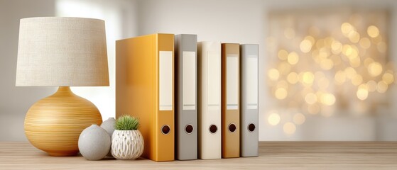 Organized Home Desk with Retirement Financial Binders and Decorative Elements for a Calm Working Environment