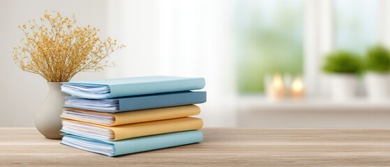 Organized Home Desk with Financial Binders and Decorative Flower Accent for Retirement Planning and Document Management