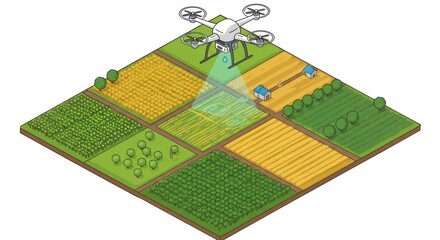 Fototapeta premium A drone monitors and sprays a multifield farm