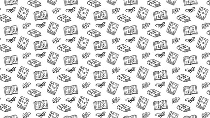 Seamless pattern with books leaves and swirls in black and white perfect for book lovers and readers
