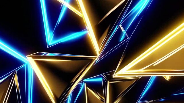 Abstract geometric shapes with vibrant neon light create a modern artistic visual effect. The triangular forms interlock and overlap to create depth and movement