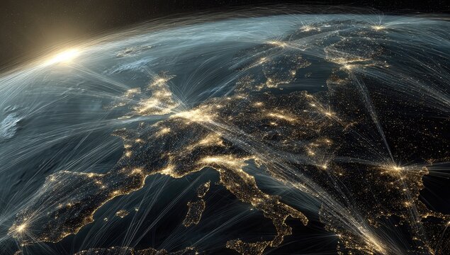 European air routes visualized on a globe - Powered by Adobe