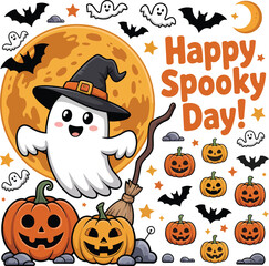 Happy Spooky Day Halloween greeting with a cute cartoon ghost character in a witch hat, jack-o'-lantern pumpkins, and bats, a kawaii vector illustration for kids