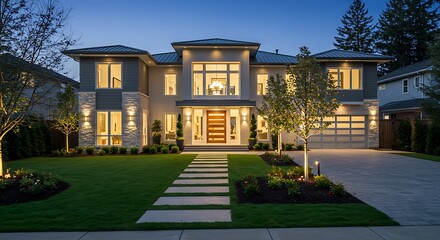 Obraz premium Modern luxury home exterior with a beautifully landscaped front yard and driveway at dusk. - Elegant Modern Architecture
