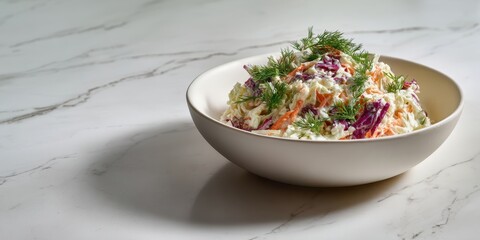 The fresh coleslaw served in a bowl on a marble countertop