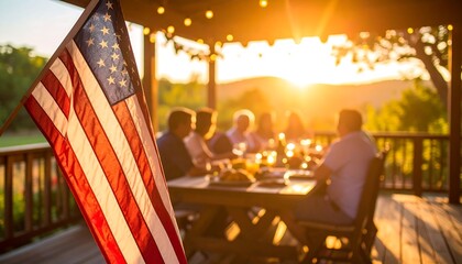 Family dinner outdoors at sunset