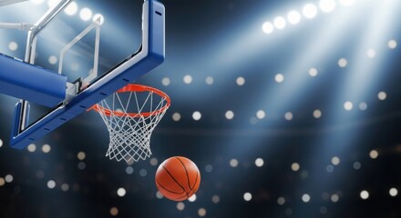 Basketball soaring towards hoop in brightly lit stadium, action shot