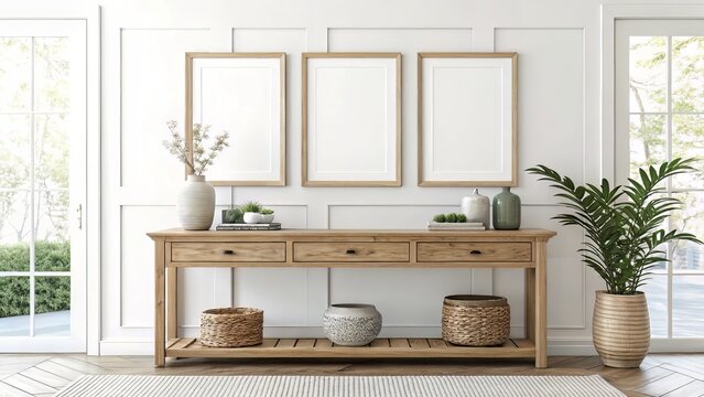 Fototapeta Three Large Blank Frames Above Console in Bright Modern Interior